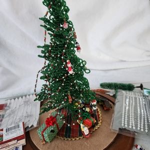 Miniature Beaded Christmas Tree with ornaments Tabletop Christmas Decor
